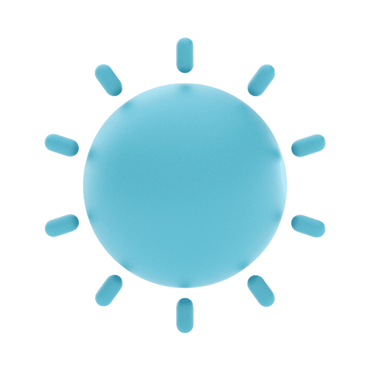 Illustratie van een gestileerde zon met een blauw cirkelvormig middelpunt en acht korte, afgeronde stralen die zich naar buiten uitstrekken, allemaal in blauwe tinten, die een subtiele schaduw eronder werpen.